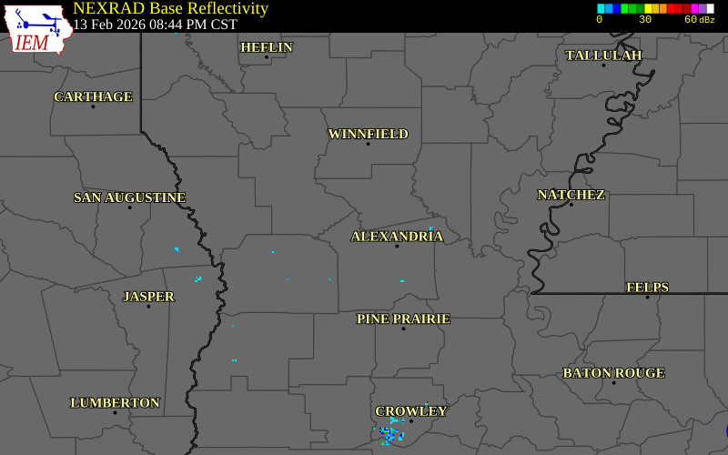 NEXRAD radar during the Friday, February 13, 2026 storm activity in Grant Parish, Louisiana