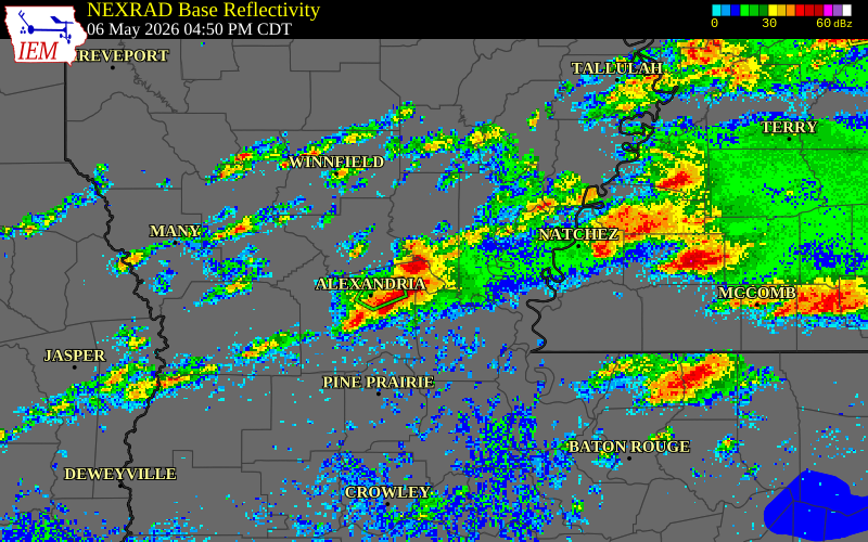 NEXRAD radar during the Wednesday, May 6, 2026 storm activity in Grant Parish, Louisiana