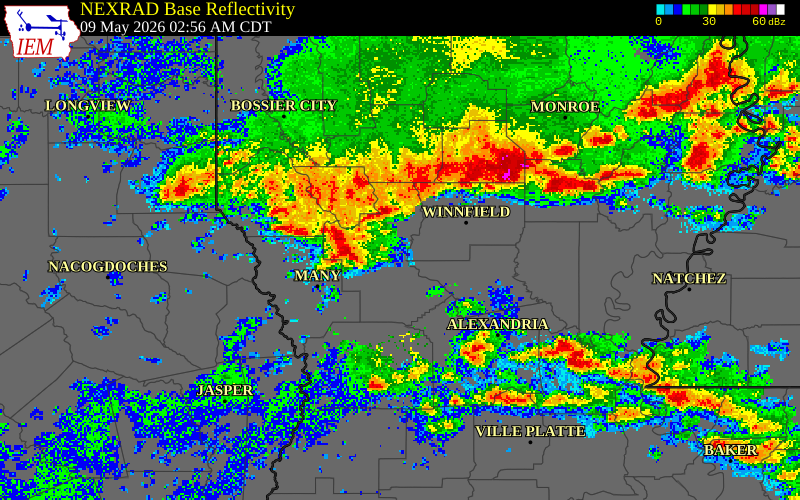 NEXRAD radar during the Saturday, May 9, 2026 storm activity in Grant Parish, Louisiana