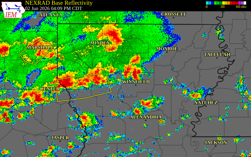 NEXRAD radar during the Tuesday, June 2, 2026 storm activity in Grant Parish, Louisiana