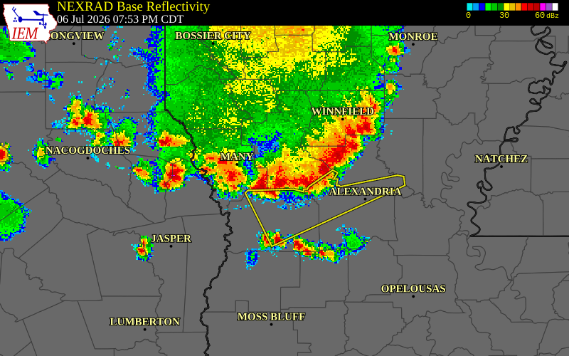 NEXRAD radar during the Monday, July 6, 2026 storm activity in Grant Parish, Louisiana