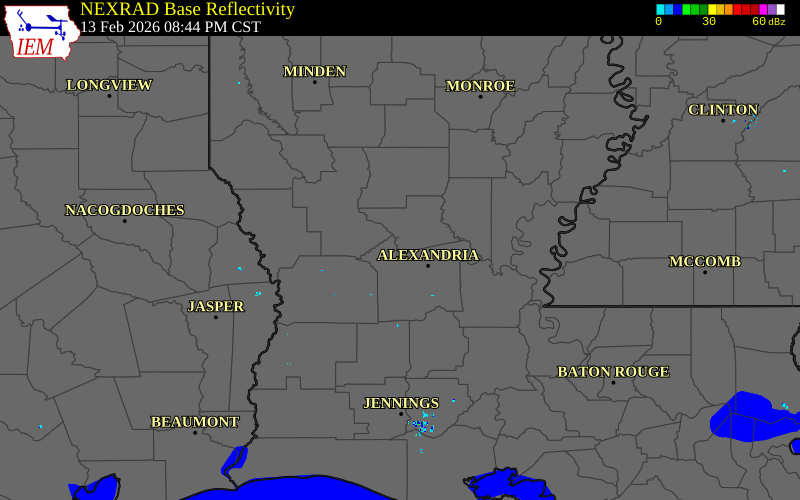 Radar snapshot during the Feb 13, 2026 tornado event near 8 SSE Colfax, Grant Parish, Louisiana, with NWS warning polygons