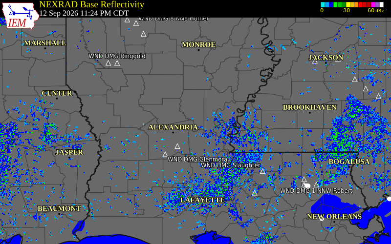 Current NEXRAD radar over Grant Parish, Louisiana with recent storm report locations