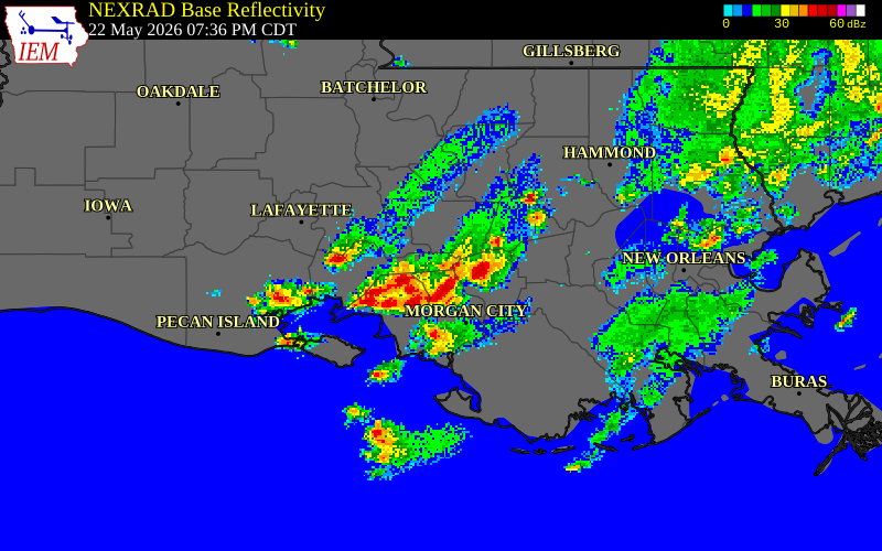 NEXRAD radar during the Friday, May 22, 2026 storm activity in Iberia Parish, Louisiana