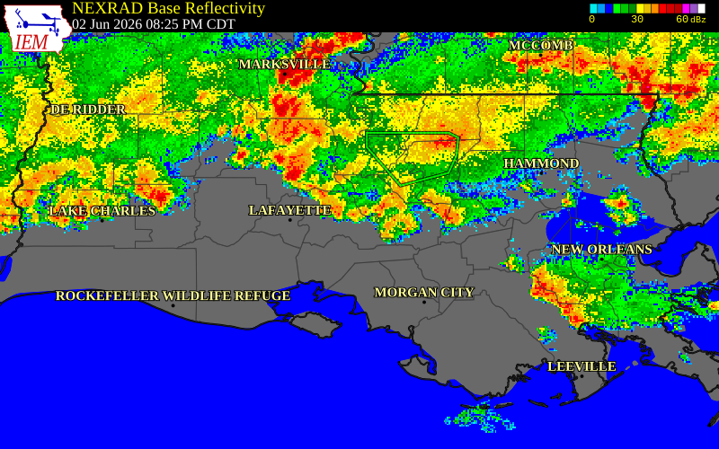 NEXRAD radar during the Tuesday, June 2, 2026 storm activity in Iberia Parish, Louisiana