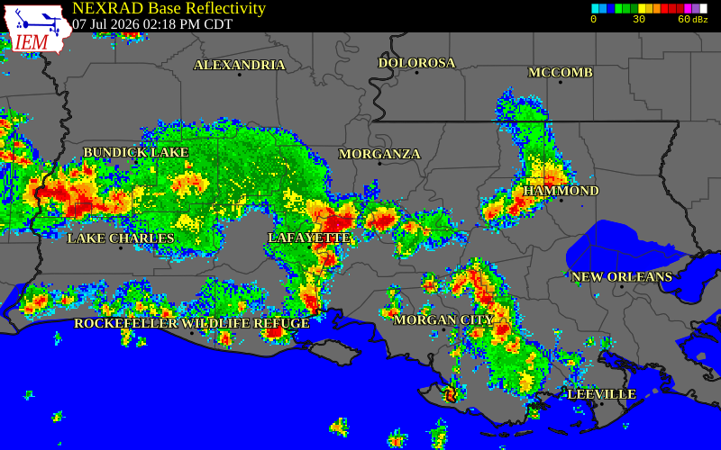 NEXRAD radar during the Tuesday, July 7, 2026 storm activity in Iberia Parish, Louisiana