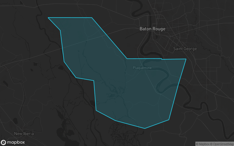 Map of Iberville Parish, Louisiana showing the county boundary and surrounding cities