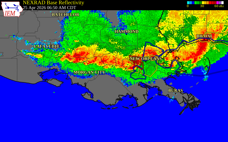 NEXRAD radar during the Saturday, April 25, 2026 storm activity in Iberville Parish, Louisiana