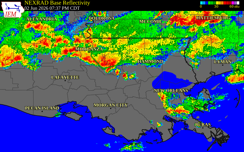 NEXRAD radar during the Tuesday, June 2, 2026 storm activity in Iberville Parish, Louisiana