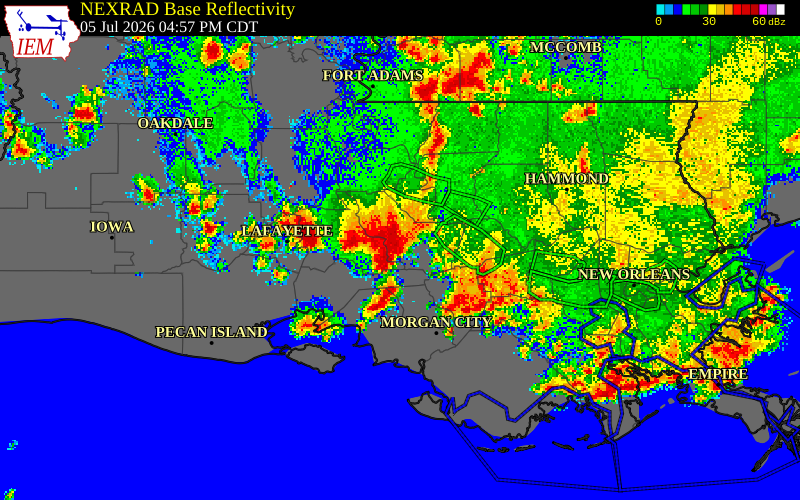 NEXRAD radar during the Sunday, July 5, 2026 storm activity in Iberville Parish, Louisiana