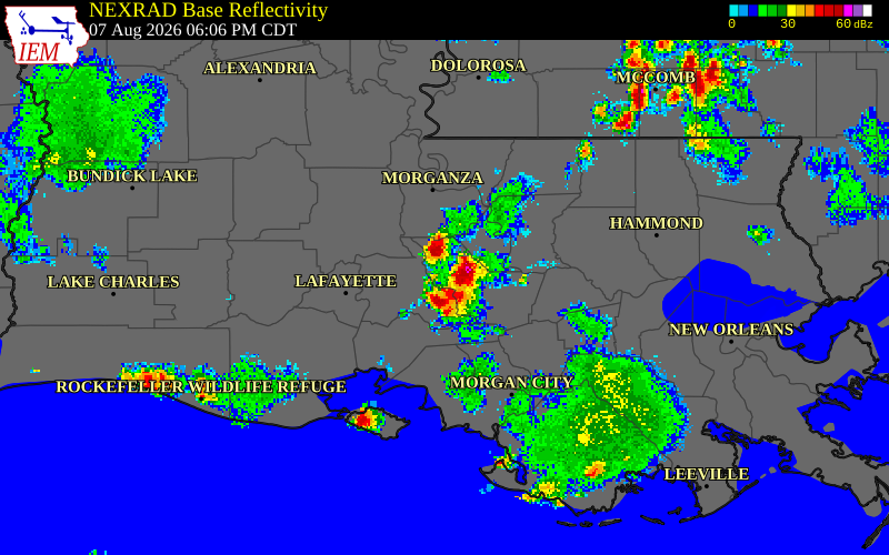 NEXRAD radar during the Friday, August 7, 2026 storm activity in Iberville Parish, Louisiana