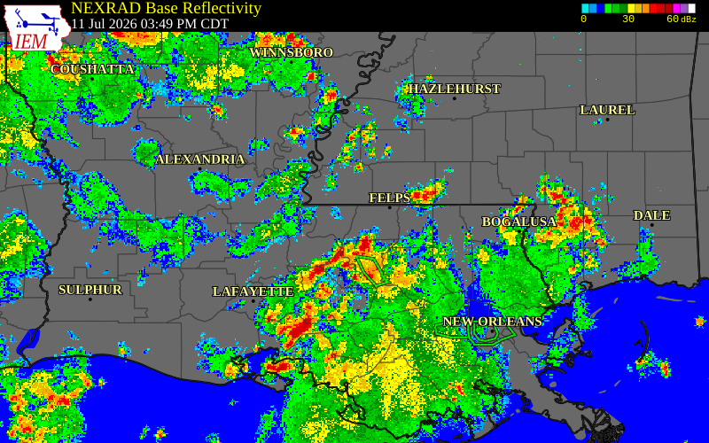Radar snapshot during the Jul 11, 2026 wind event near Iberville Parish, Iberville Parish, Louisiana, with NWS warning polygons
