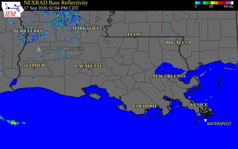Current NEXRAD radar over Iberville Parish, Louisiana with recent storm report locations