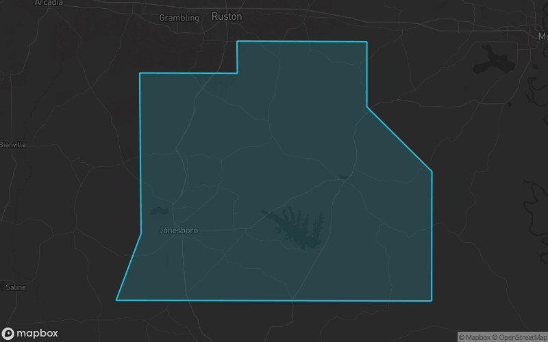 Map of Jackson Parish, Louisiana showing the county boundary and surrounding cities
