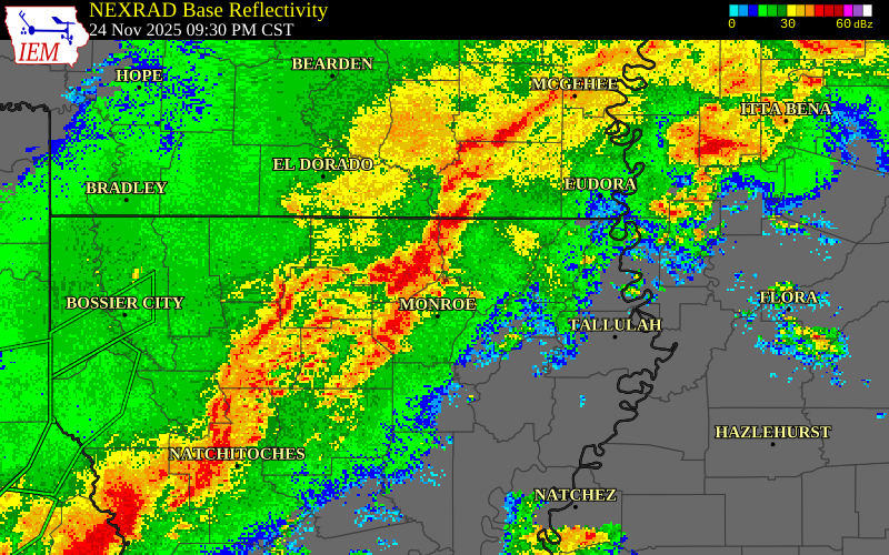 NEXRAD radar during the Monday, November 24, 2025 storm activity in Jackson Parish, Louisiana