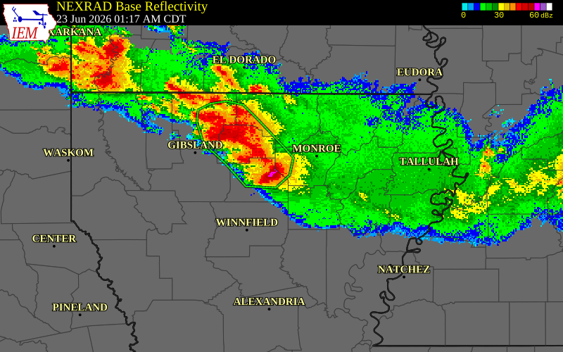NEXRAD radar during the Tuesday, June 23, 2026 storm activity in Jackson Parish, Louisiana