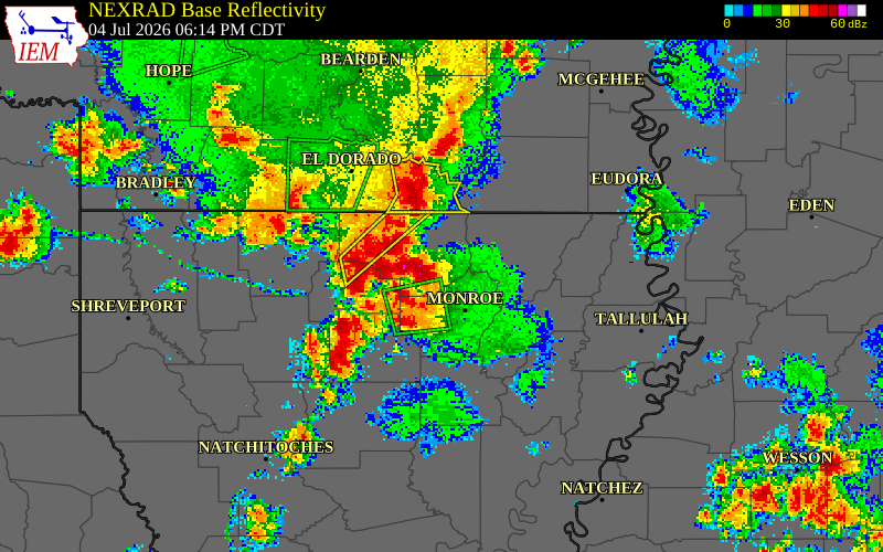 NEXRAD radar during the Saturday, July 4, 2026 storm activity in Jackson Parish, Louisiana