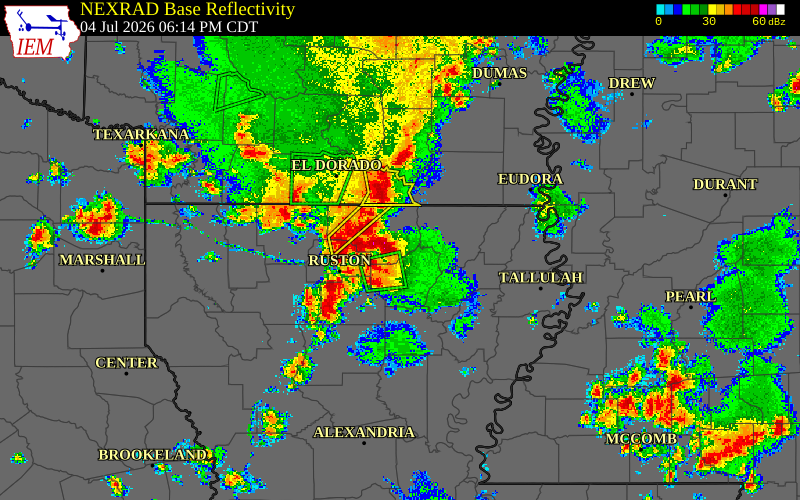 Radar snapshot during the Jul 4, 2026 wind event near Jackson Parish, Jackson Parish, Louisiana, with NWS warning polygons