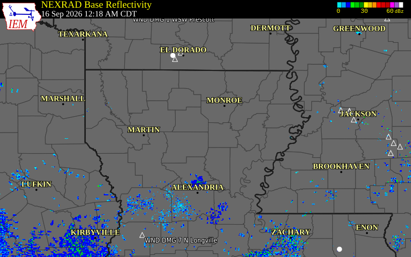 Current NEXRAD radar over Jackson Parish, Louisiana with recent storm report locations