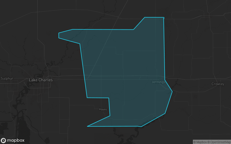 Map of Jefferson Davis Parish, Louisiana showing the county boundary and surrounding cities
