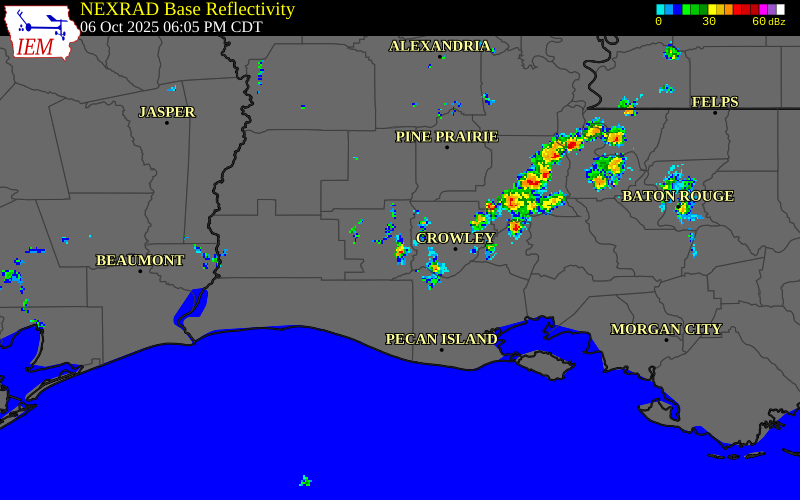 NEXRAD radar during the Monday, October 6, 2025 storm activity in Jefferson Davis Parish, Louisiana
