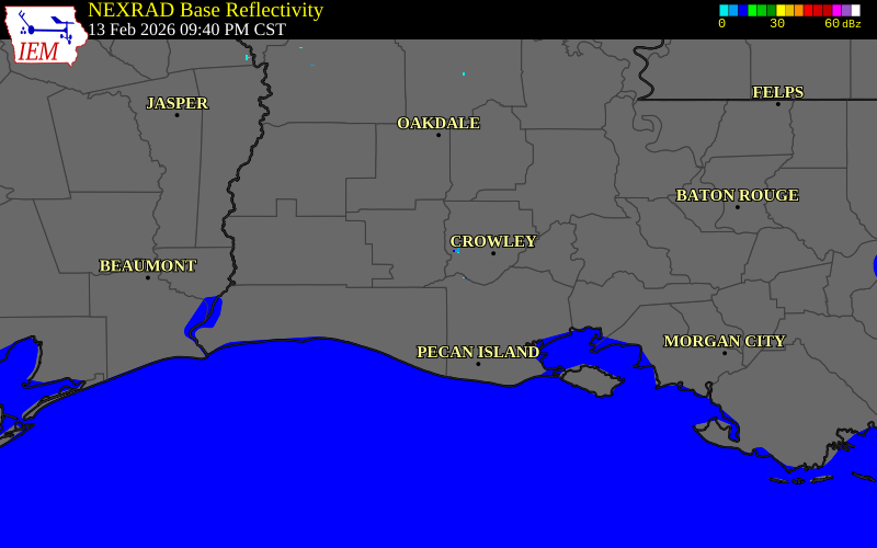 NEXRAD radar during the Friday, February 13, 2026 storm activity in Jefferson Davis Parish, Louisiana