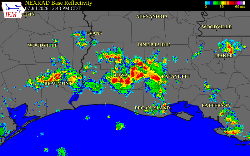 NEXRAD radar during the Tuesday, July 7, 2026 storm activity in Jefferson Davis Parish, Louisiana