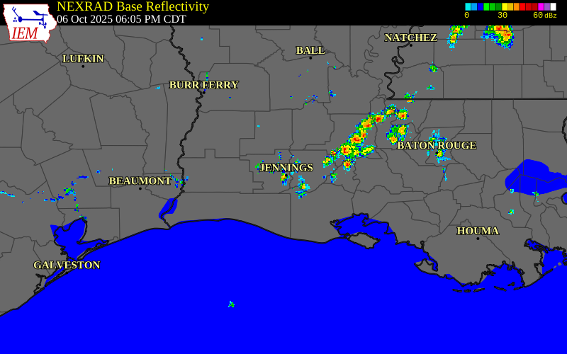 Radar snapshot during the Oct 6, 2025 tornado event near 2 WSW Jennings, Jefferson Davis Parish, Louisiana, with NWS warning polygons