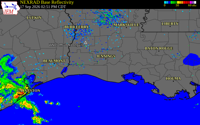 Current NEXRAD radar over Jefferson Davis Parish, Louisiana with recent storm report locations