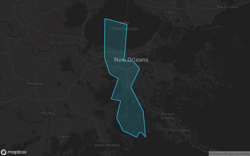 Map of Jefferson Parish, Louisiana showing the county boundary and surrounding cities
