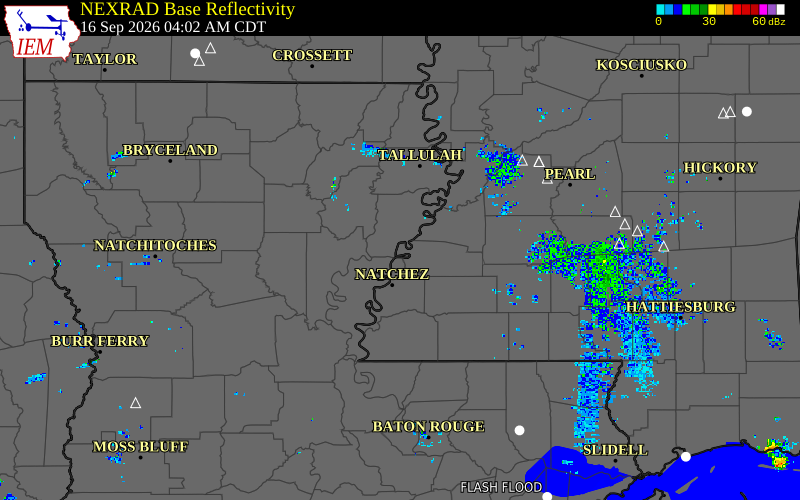 Current NEXRAD radar over Jefferson Parish, Louisiana with recent storm report locations