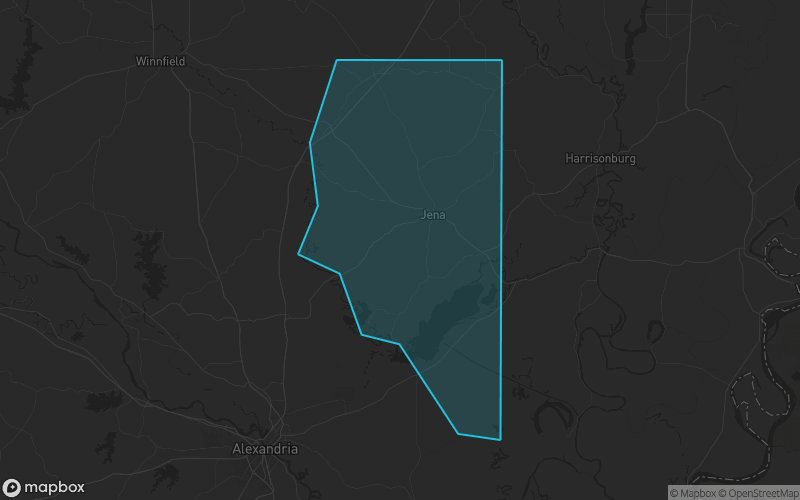 Map of La Salle Parish, Louisiana showing the county boundary and surrounding cities