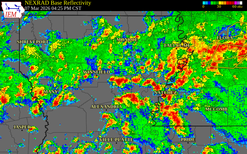 NEXRAD radar during the Saturday, March 7, 2026 storm activity in La Salle Parish, Louisiana