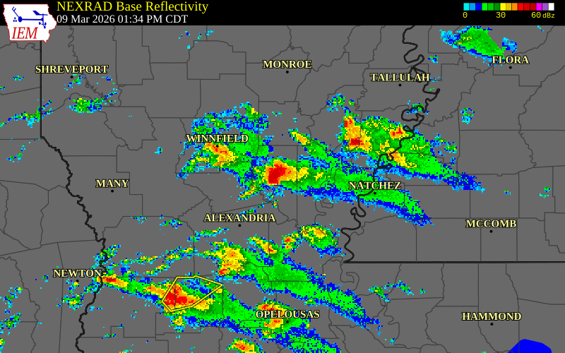 NEXRAD radar during the Monday, March 9, 2026 storm activity in La Salle Parish, Louisiana