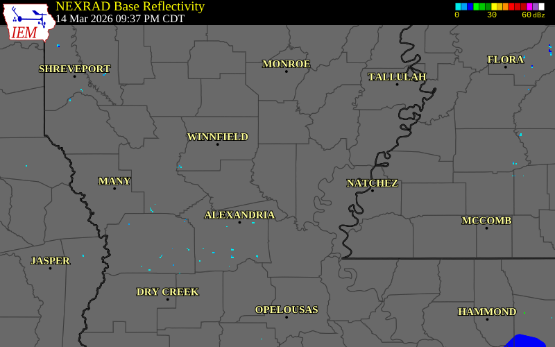 NEXRAD radar during the Saturday, March 14, 2026 storm activity in La Salle Parish, Louisiana