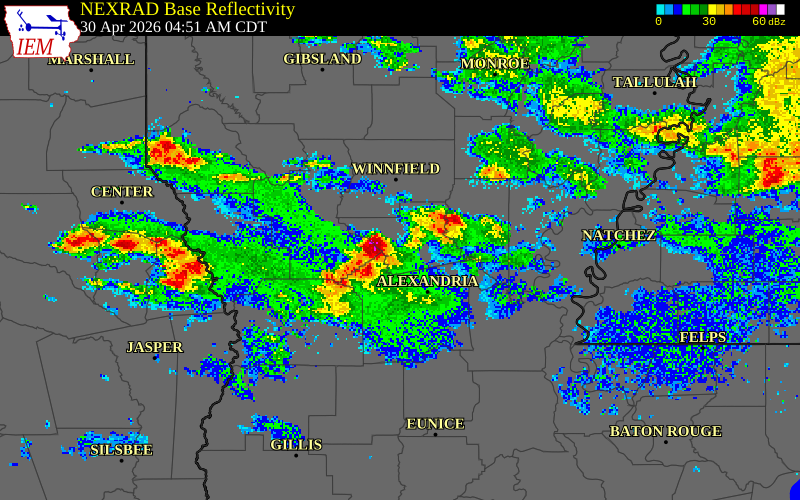 NEXRAD radar during the Thursday, April 30, 2026 storm activity in La Salle Parish, Louisiana