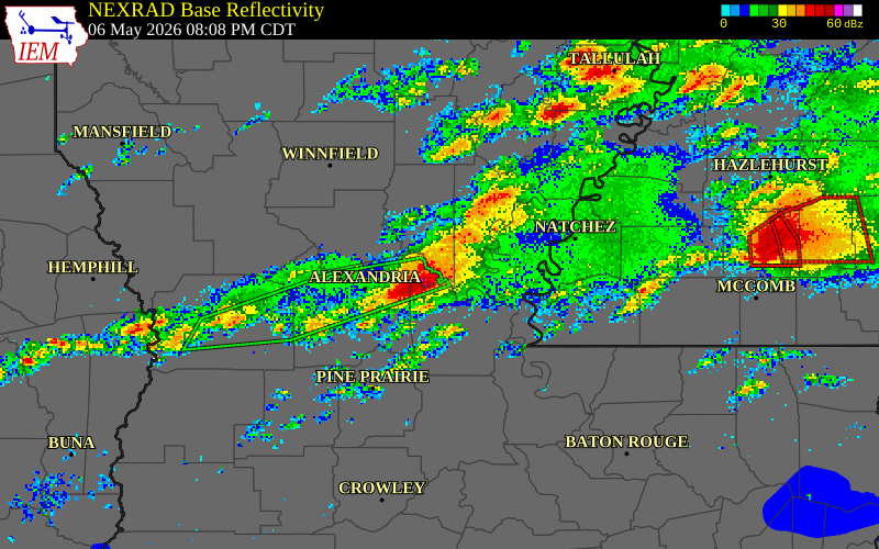 NEXRAD radar during the Wednesday, May 6, 2026 storm activity in La Salle Parish, Louisiana