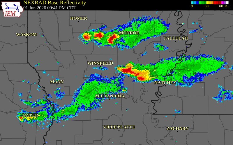 NEXRAD radar during the Monday, June 1, 2026 storm activity in La Salle Parish, Louisiana