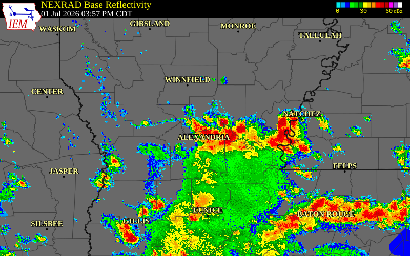 NEXRAD radar during the Wednesday, July 1, 2026 storm activity in La Salle Parish, Louisiana