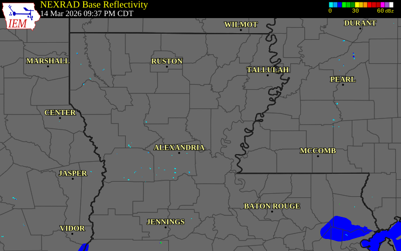 Radar snapshot during the Mar 14, 2026 hail event near 1 WNW Midway, La Salle Parish, Louisiana, with NWS warning polygons
