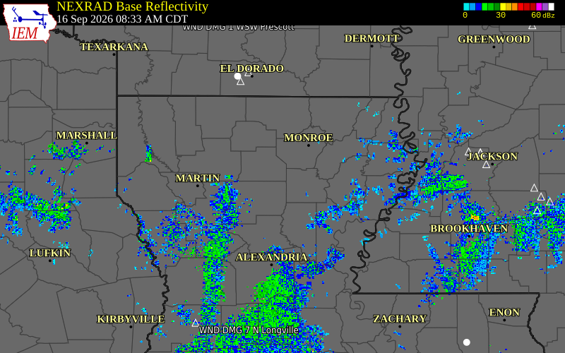 Current NEXRAD radar over La Salle Parish, Louisiana with recent storm report locations