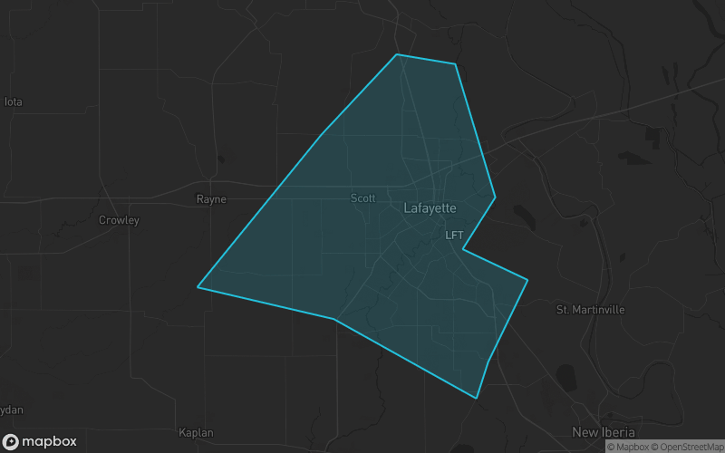 Map of Lafayette Parish, Louisiana showing the county boundary and surrounding cities