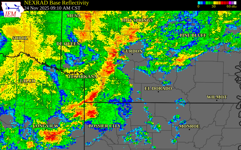 NEXRAD radar during the Monday, November 24, 2025 storm activity in Lafayette Parish, Louisiana