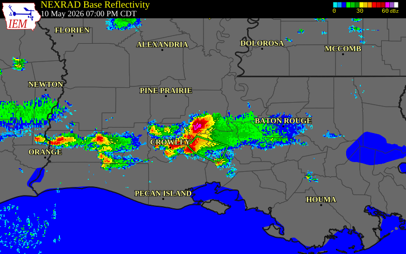 NEXRAD radar during the Sunday, May 10, 2026 storm activity in Lafayette Parish, Louisiana