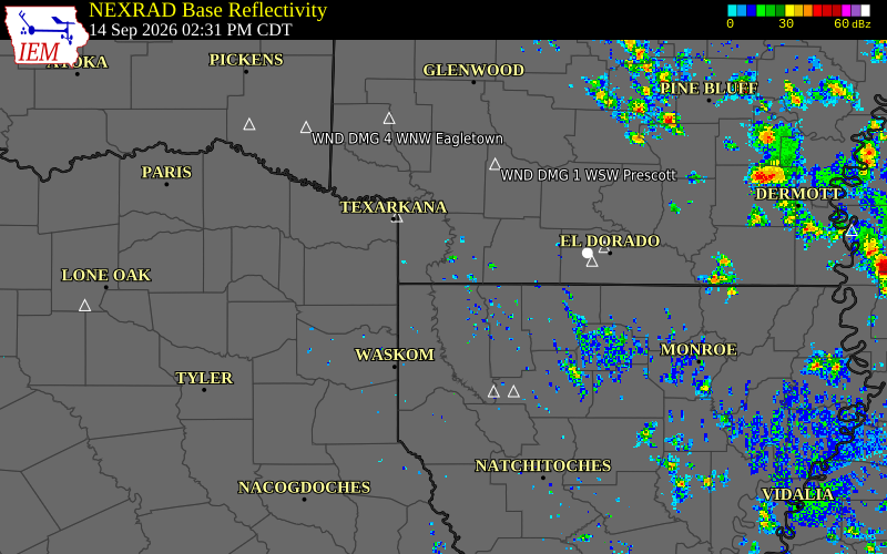 Current NEXRAD radar over Lafayette Parish, Louisiana with recent storm report locations