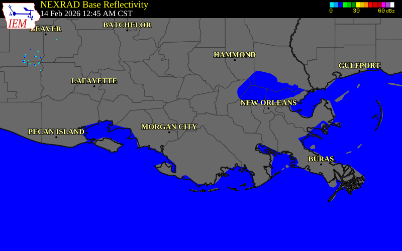 NEXRAD radar during the Saturday, February 14, 2026 storm activity in Lafourche Parish, Louisiana