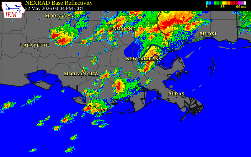NEXRAD radar during the Friday, May 22, 2026 storm activity in Lafourche Parish, Louisiana
