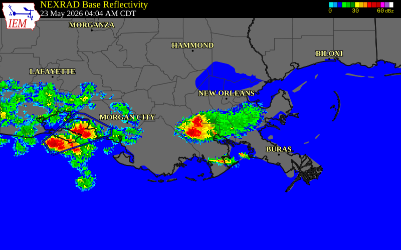 NEXRAD radar during the Saturday, May 23, 2026 storm activity in Lafourche Parish, Louisiana