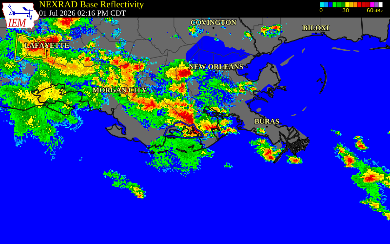 NEXRAD radar during the Wednesday, July 1, 2026 storm activity in Lafourche Parish, Louisiana