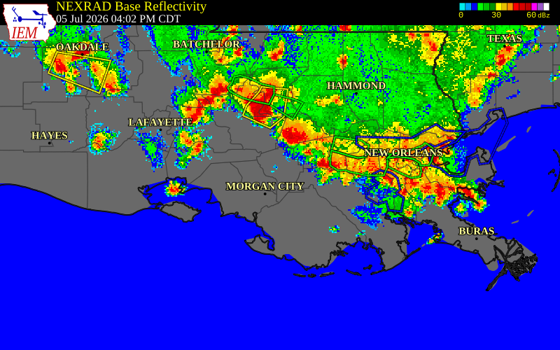 NEXRAD radar during the Sunday, July 5, 2026 storm activity in Lafourche Parish, Louisiana